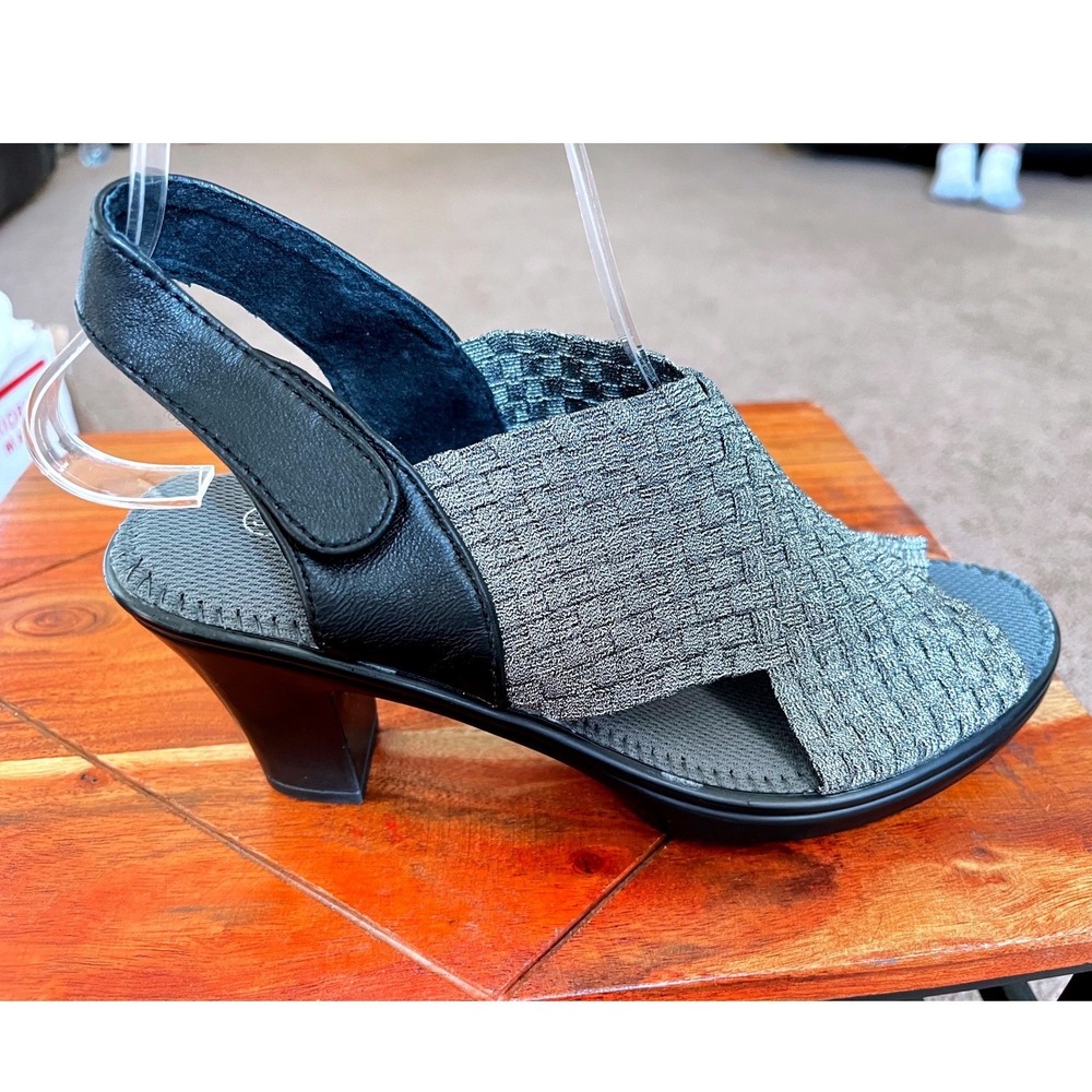 Bernie Mev Silver Black Woven Elastic Slingback Peep Toe Block Heel Sandals 37/6